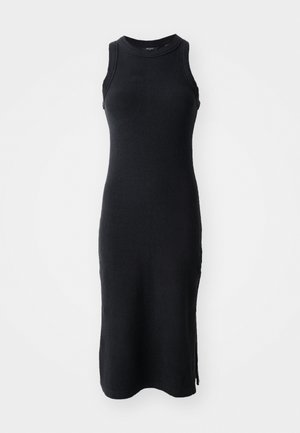 Robe en tricot côtelé noir, dotée d'un design sans manches, d'un col rond, d'une coupe ajustée et d' fentes sur les côtés pour plus de liberté de mouvement.