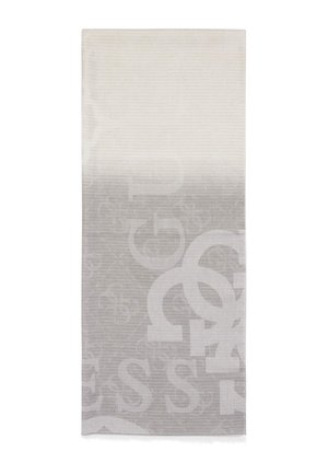Light gray woven scarf featuring a gradient design with large, subtle letters and textured stripes. Finished edges with fringe detailing.