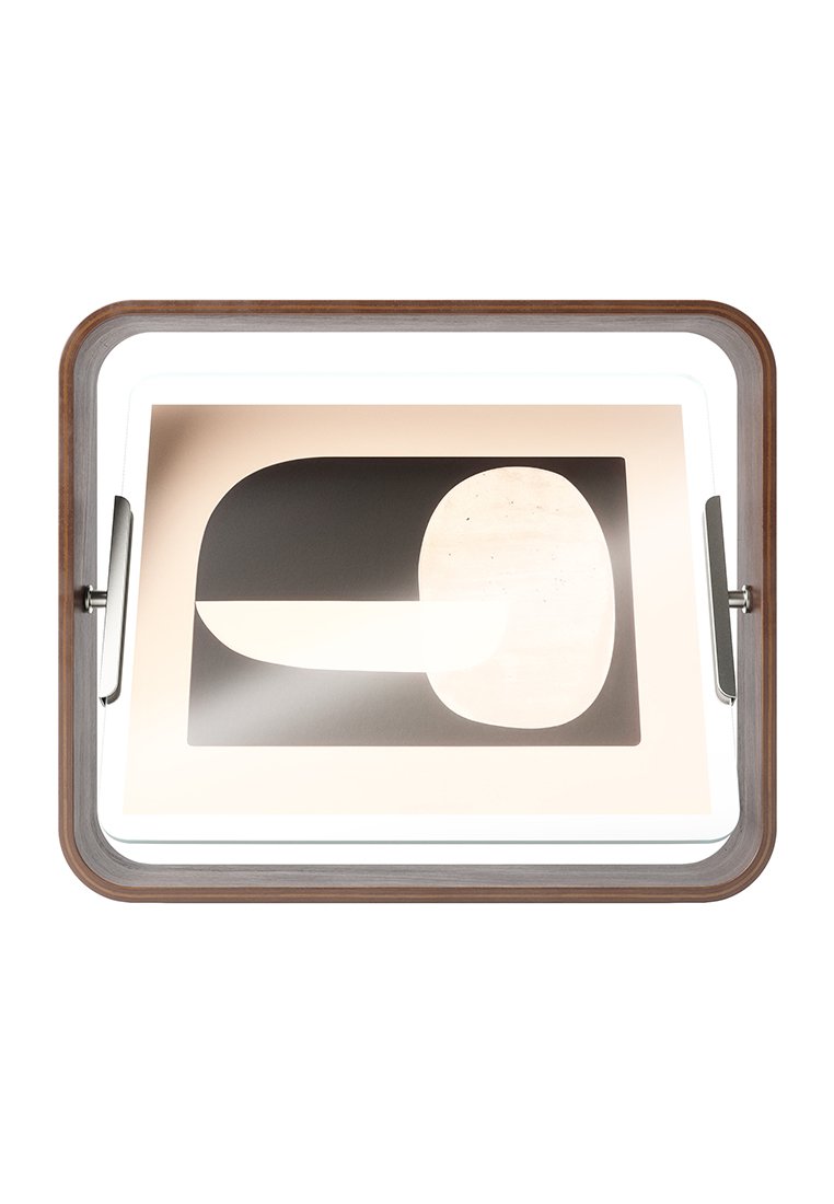 Prostokątny tac z drewnianymi krawędziami, z czarno-białym abstrakcyjnym wzorem na kremowym tle. Metalowe uchwyty po krótszych bokach.