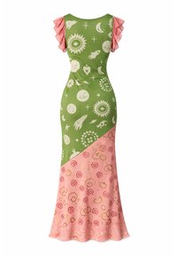 Πράσινο και ροζ εφαρμοστό φόρεμα με φουσκωτά κοντά μανίκια, ουράνια και αφηρημένα κυκλικά σχέδια, και διαγωνιακό σχεδιασμό με χρωματικά μπλοκ στην φούστα.