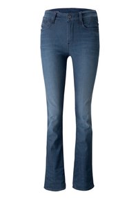 Mörkblå jeans i denim med en utsvängd bendesign. Funktioner inkluderar en knappstängning fram, bältesöglor samt fram- och bakfickor.