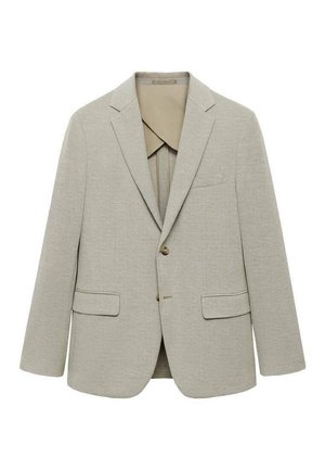 Blazer grigio chiaro realizzato in tessuto texturizzato, dotato di due tasche frontali, design a un bottone, revers a scollo e chiusura con un singolo bottone.