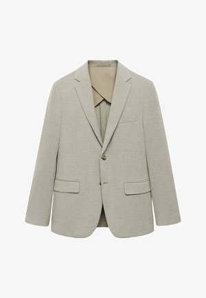 Sacou gri deschis, dintr-un material texturat, cu două buzunare frontale, design cu un singur rând de nasturi, rever tăiat și închidere cu un singur nasture.