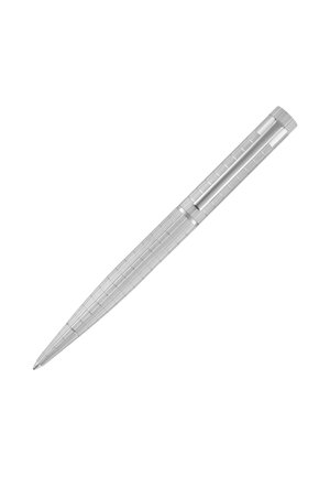 Stylo-bille argenté avec un motif à carreaux et un clip sur le capuchon, présenté sur fond blanc.