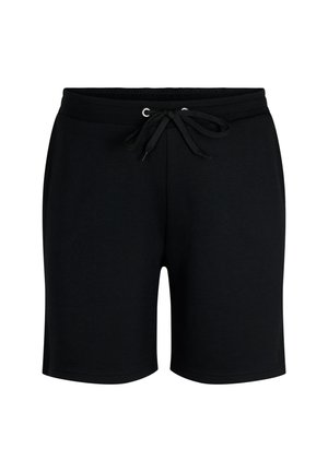 Pantaloni corti neri in cotone con vita elasticizzata e cordoncino. Texture liscia, lunghezza al ginocchio, design minimalista, senza motivi o loghi.