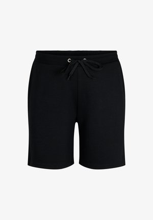 Čierne bavlnené šortky s elastickým pásom a šnúrkou. Hladká textúra, dĺžka po kolená, minimalistický dizajn, bez vzorov alebo log.