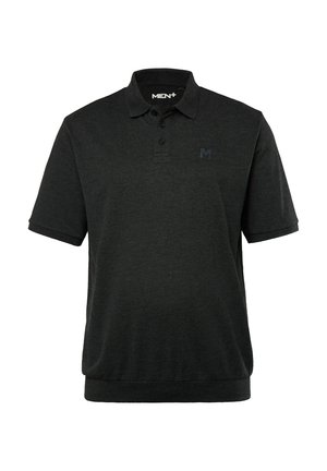 Polo shirt gris foncé à manches courtes, col à trois boutons, tissu texturé et petit logo brodé sur la poitrine.