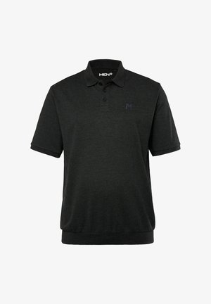 Ciemnoszara koszulka polo z krótkimi rękawami, kołnierzykiem zapinanym na trzy guziki, teksturowanym materiałem oraz małym haftowanym logo na piersi.