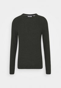 Pull en tricot vert foncé avec un col rond et des manches longues. Doté de poignets et d'un ourlet côtelés, mettant en valeur un tissu texturé.