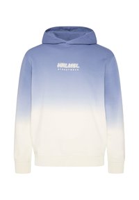 Blue gradient hoodie with white lower section, cotton material, adjustable drawstring hood, and embroidered "HRLMSL STREETWEAR" logo on chest.