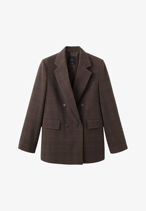 Blazer doppiopetto in tessuto a quadri marrone con rever a incavo, due tasche frontali e grandi bottoni neri, caratterizzato da un tessuto strutturato.
