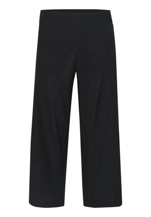 Pantalons larges noirs en tissu doux, dotés d'une taille élastique et d'une texture lisse, sans fermetures ni motifs visibles.