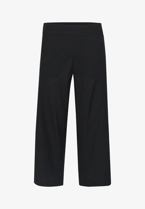 Pantalones de pierna ancha negros, elaborados con una tela suave, que incluyen una cintura elástica y una textura lisa, sin cierres ni patrones visibles.