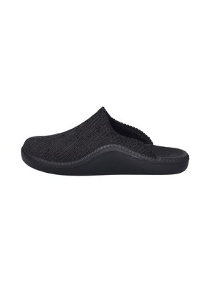 Schwarzer Slip-On-Hausschuh mit strukturiertem Obermaterial und gepolsterter Sohle, mit geschlossenem Zehenbereich und offenem Fersenbereich für einfaches Anziehen.