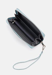 Zippered wallet in light blue, featuring a black interior with card slots and a zip pocket. Includes a detachable wrist strap.