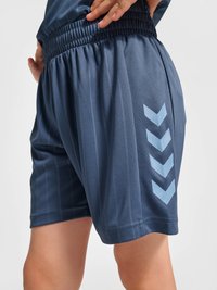 Blaue Sportshorts mit elastischem Bund und vier hellblauen Chevron-Streifen an der Seite, getragen von einer Person mit einer Hand nahe der Taille.