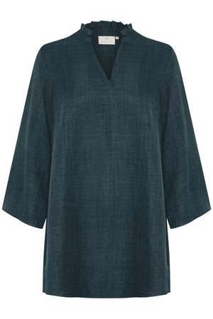 Blouse bleu foncé avec un col froncé, des manches trois-quarts et un tissu texturé. Présente une coupe décontractée et un design en V.