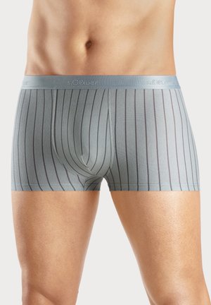 Grau gestreifte Boxershorts mit einem weichen Bündchen, das den Markennamen trägt. Glatte Textur, körpernahe Passform und mittellange Beine.