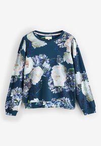 Floraler Pullover in Dunkelgrün mit großen weißen und lila Blumen. Langärmlig, runder Ausschnitt und weiche, glatte Textur.