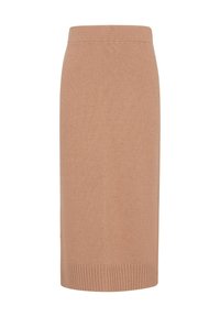 Strick-Bleistiftrock in Hellbraun, mit glatter Textur, geripptem Saum und figurbetonter Silhouette, geeignet für Freizeit oder formelle Anlässe.