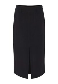 Schwarzer knielanger Rock mit geradem Schnitt, der eine vordere Schlitze und zwei aufgesetzte Taschen hat. Hergestellt aus einem glatten Stoff mit einem strukturierten Bund.
