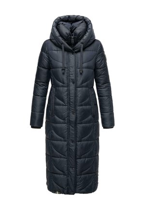 Jūras zila siltināta ziemas jaka ar kapuci, ar garu garumu, ar rāvējslēdzēju kabatām un faktūru ar kuģīgu dizainu.