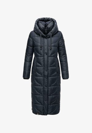 Sötétkék párnázott télikabát kapucnival, hosszú fazonú, cipzáros zsebekkel és texturált steppelt dizájnnal.