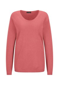 Langärmliger, korallenfarbener Strickpullover mit Rundhalsausschnitt und gerippten Bündchen sowie Saum, auf weißem Hintergrund präsentiert.