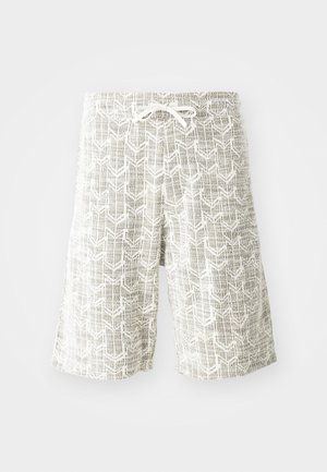 Lightweight shorts made of woven fabric, featuring a gray and white geometric pattern, elastic waistband with drawstring, and loose fit.