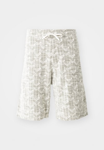 Leichte Shorts aus gewebtem Stoff mit einem grau-weißen geometrischen Muster, elastischem Bund mit Kordelzug und lockerer Passform.