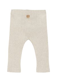 Beige geribbelde babylegging met elastische tailleband en een klein bruin label met de tekst "Cookie Club Noppies" in het midden van de voorkant.