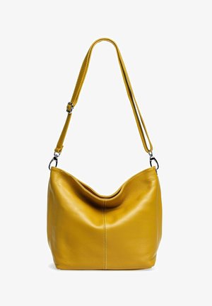 Yellow leather shoulder bag with a textured surface, curved shape, and adjustable strap. Features a subtle seam down the front.