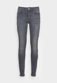 Úzké džíny v tmavě šedém denimovém provedení s mírným vyblednutím, se pěti kapsami, předním zapínáním na knoflík a klasickým designem pasu.