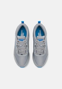 Gray athletic shoes with a mesh upper, blue accents, and flat laces. Features a padded collar and insoles for comfort.