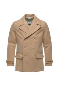 Cappotto peacoat beige in lana con design doppiopetto, ampi rever, due tasche frontali e polsini con bottoni caratterizzati da accenti a contrasto.