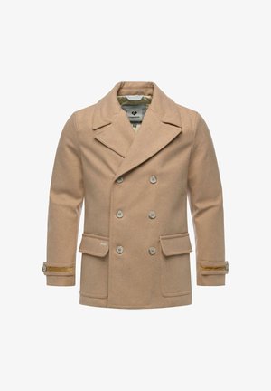 Cappotto peacoat beige in lana con design doppiopetto, ampi rever, due tasche frontali e polsini con bottoni caratterizzati da accenti a contrasto.