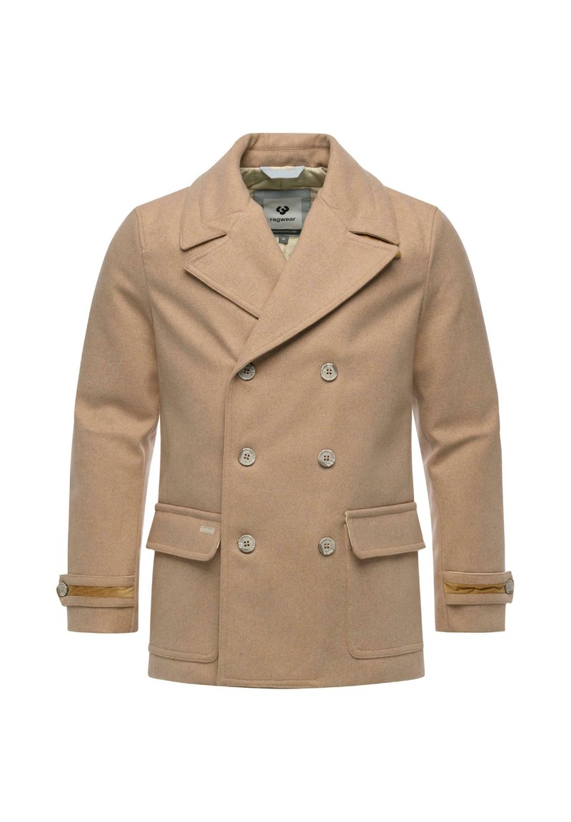 Cappotto peacoat beige in lana con design doppiopetto, ampi rever, due tasche frontali e polsini con bottoni caratterizzati da accenti a contrasto.