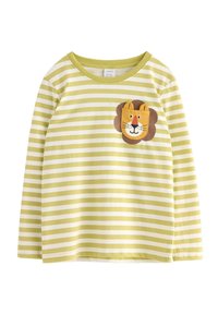 Striped long-sleeve shirt in light green and white, featuring a lion face applique on the chest pocket. Soft cotton material.