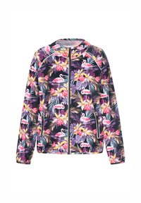 Blommönstrad jacka med rosa flamingos och tropiska blad på en svart bakgrund; dragkedja, långa ärmar och sidofickor.