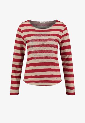 Camisa de manga larga a rayas rojas y crema con un escote redondeado y un dobladillo ligeramente curvado. Presenta un logo tonal impreso en la parte delantera.