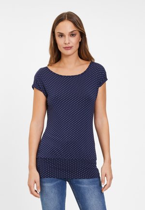 Navyblaues Polka-Dot-Oberteil mit Rundhalsausschnitt, kurzen Ärmeln und tailliertem Schnitt; aus einem weichen, dehnbaren Stoff mit gerafftem Saum.