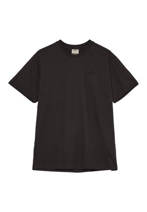 Svart t-shirt med kort ärm i bomull, med rund halsringning och en subtil logotyp på bröstet. Slät textur och avslappnad passform.