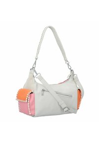 Sac à bandoulière en cuir blanc avec une sangle tressée, doté d'une poche zip à l'avant et d'accents colorés en orange et rose sur les côtés.