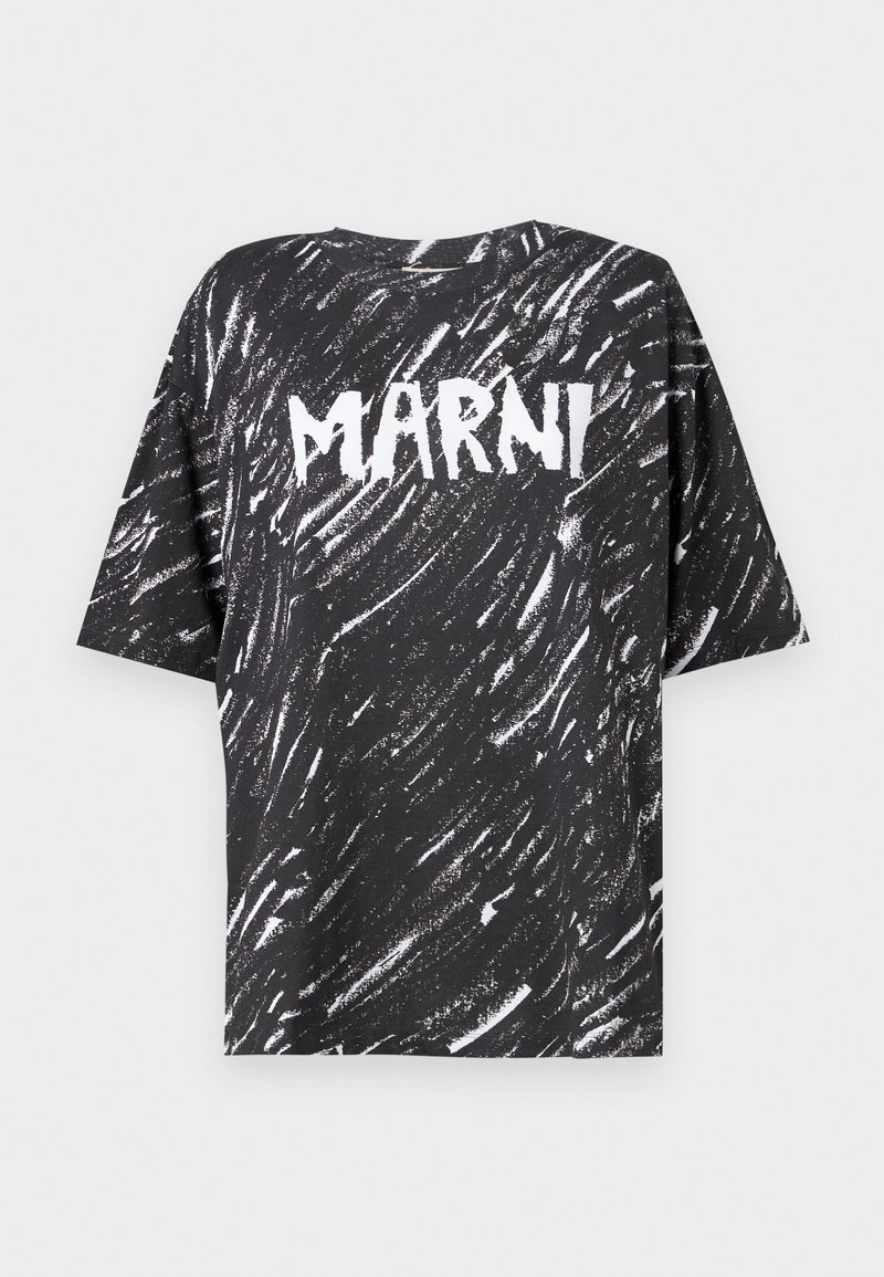 Sort bomulds oversized t-shirt med hvid stribet mønster og "MARNI" logoet tydeligt vist på ryggen. Korte ærmer og rund halsudskæring.