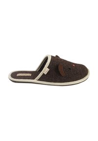 Brown felt slipper with beige trim, featuring a subtle animal face design, rounded shape, and soft texture.