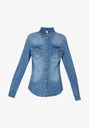 Denim srajca z klasičnim ovratnikom, gumbom na sprednji strani, dvema žepoma na prsih, dolgimi rokavi in svetlo modrim pranjem s subtilnim zbledelostjo.