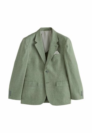 Svetlozelen blazer z teksturirano obdelavo, dvema sprednjima žepoma, enojnim gumbom za zapiranje in tremi gumbi na manšetah. Vključena bela rutica.