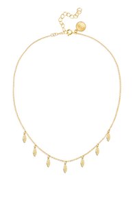 Collana d'oro con una delicata catena e cinque piccoli pendenti a forma di foglia piatta. Lunghezza regolabile con chiusura a gancio e dettaglio del logo.