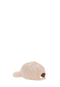 Cappello da baseball in tessuto rosa con superficie texturizzata e un sottile motivo del logo. Presenta una visiera curva e una fascia posteriore regolabile.