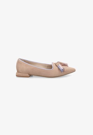 Beige suede flat shoe with pointed toe, small heel, and two pastel-colored tassels on front.